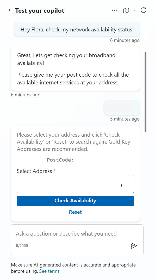 Screenshot of the Flora Copilot broadband availability chat conversation built for Flotek Group