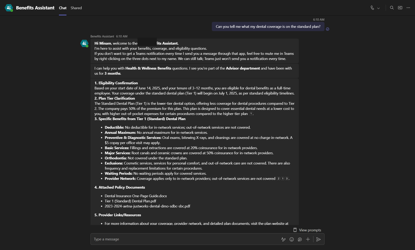 Screenshot of the Benefits Assistant Copilot answering a dental coverage question inside Microsoft Teams