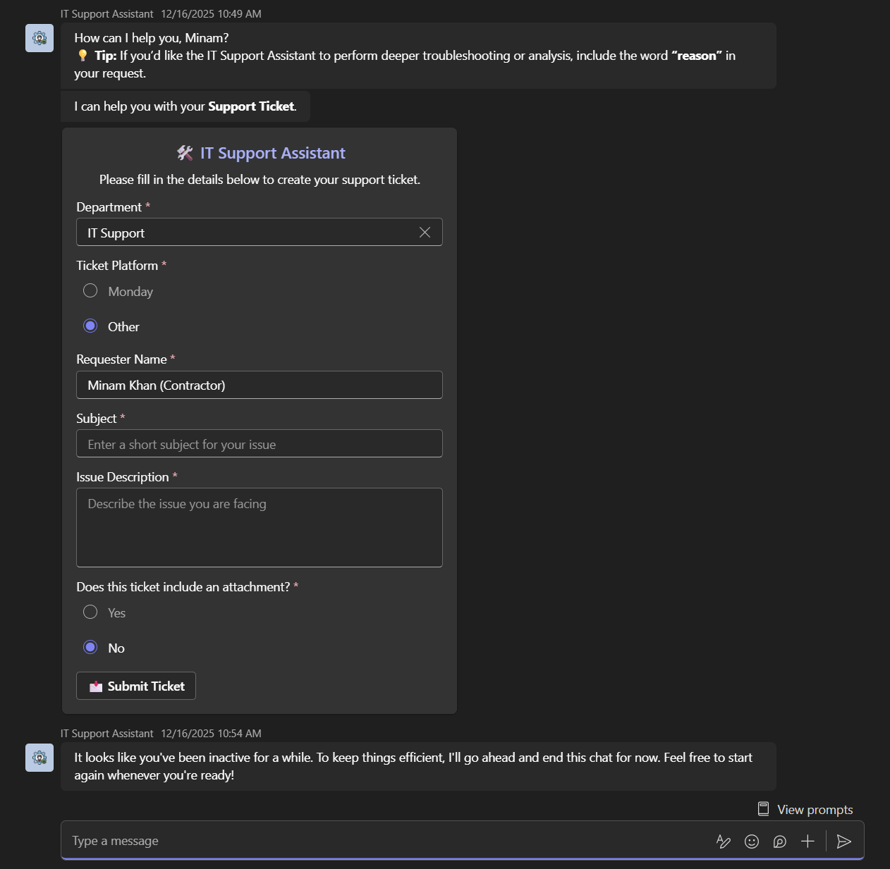 Screenshot of the IT Support Assistant creating a support ticket inside Microsoft Teams