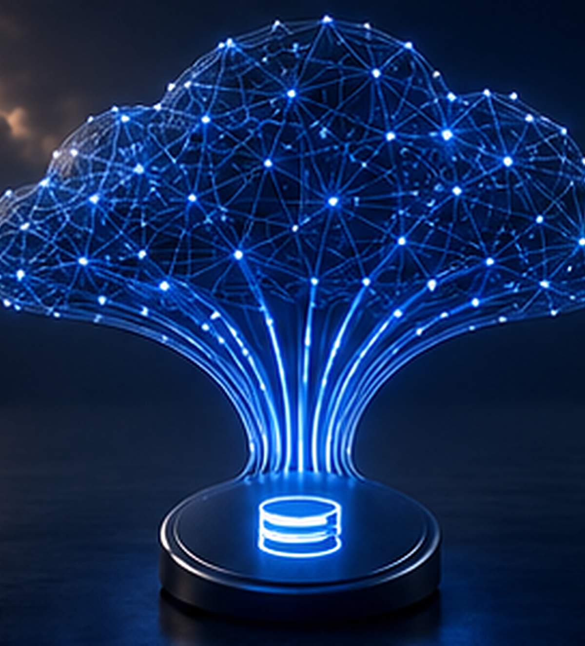 Abstract 3D visualization of scattered data converging into one hub, representing unified CRM and operations data