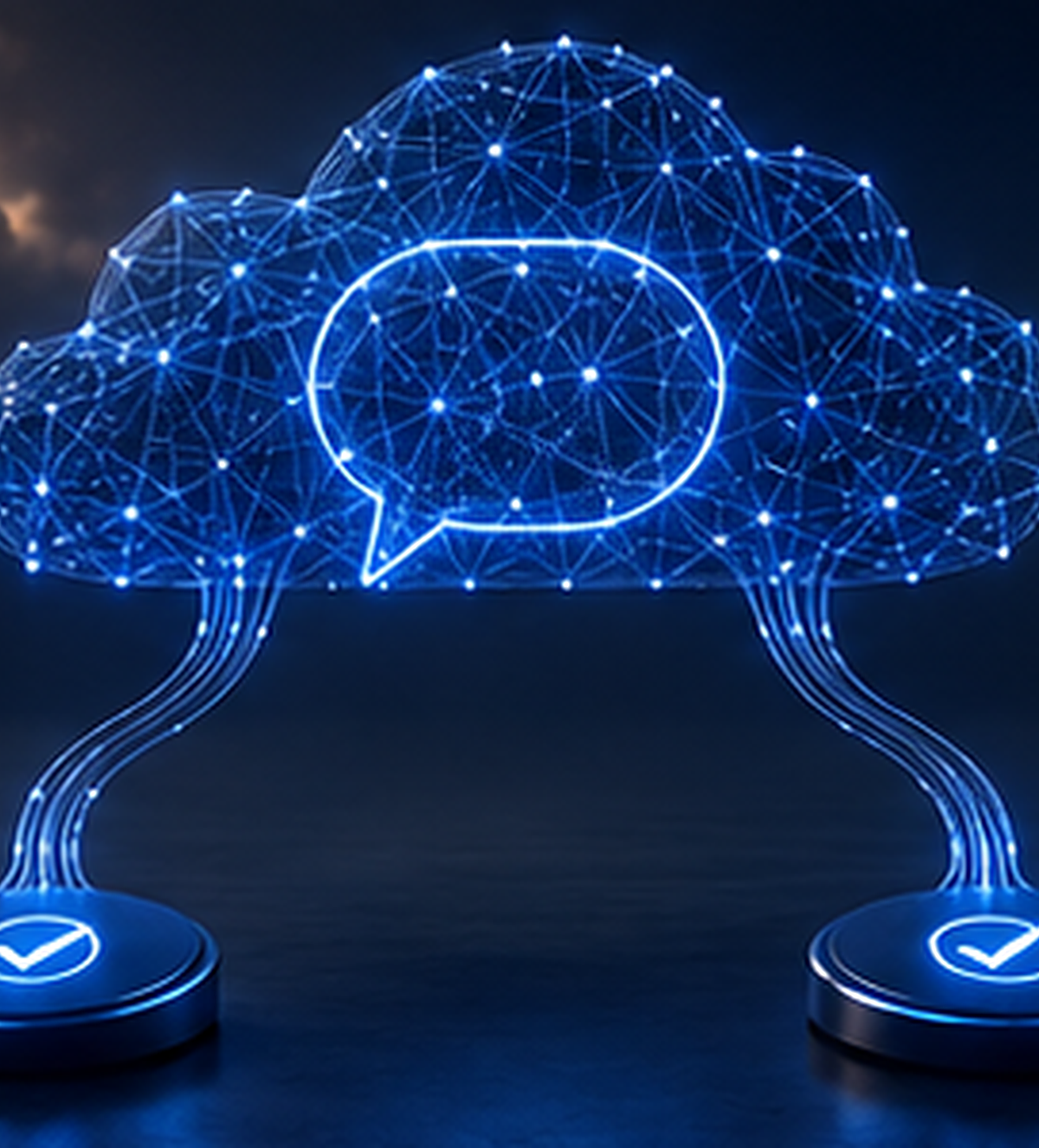 Abstract 3D visualization of a glowing network shaped like a chat bubble, representing AI-powered customer support automation