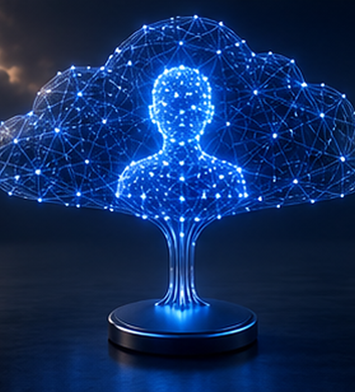 Abstract 3D visualization of an AI assistant figure emerging from a glowing network, representing Copilot AI agents