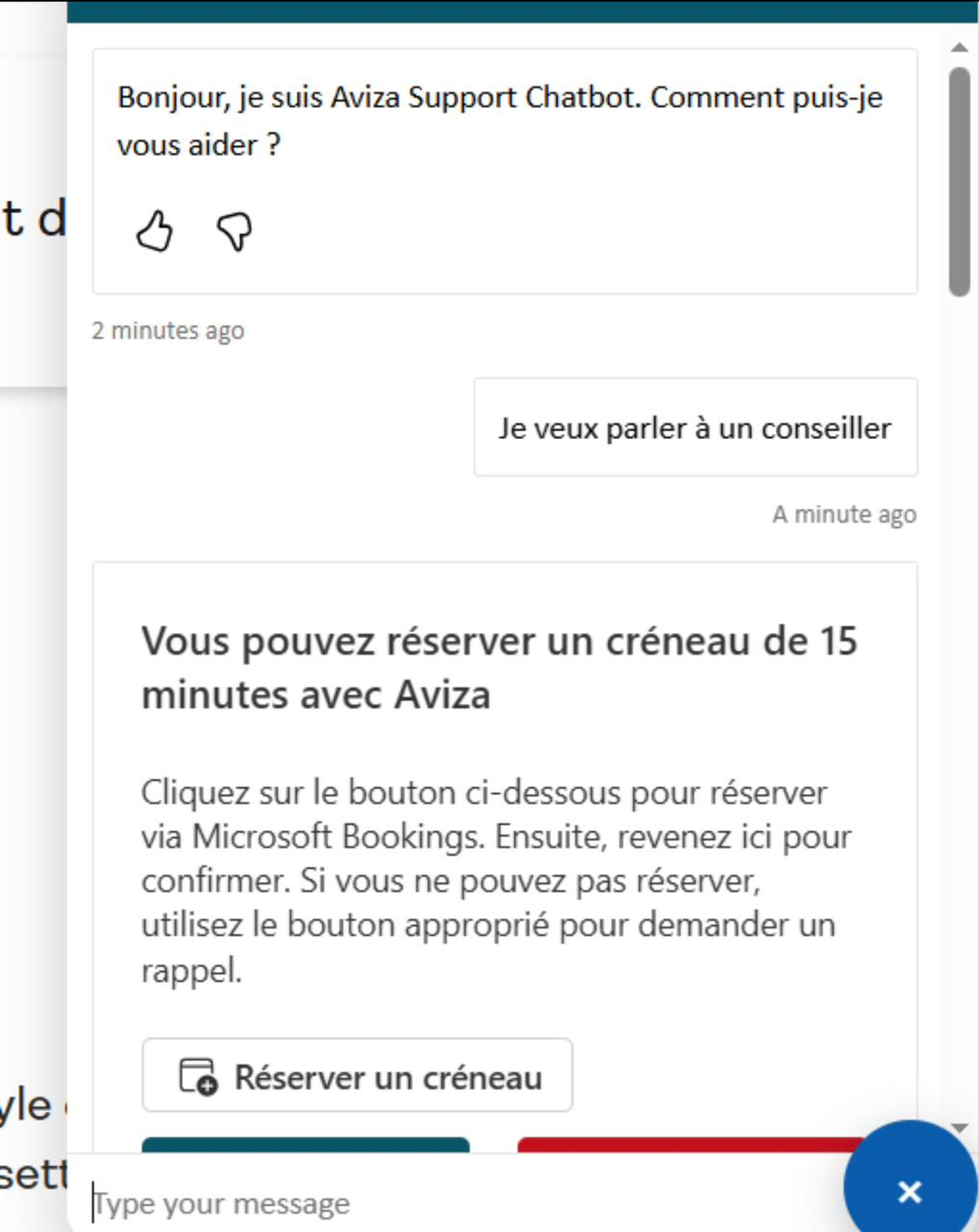 Screenshot of the original Aviza Copilot Adaptive Card prompting the visitor to book a Microsoft Bookings appointment