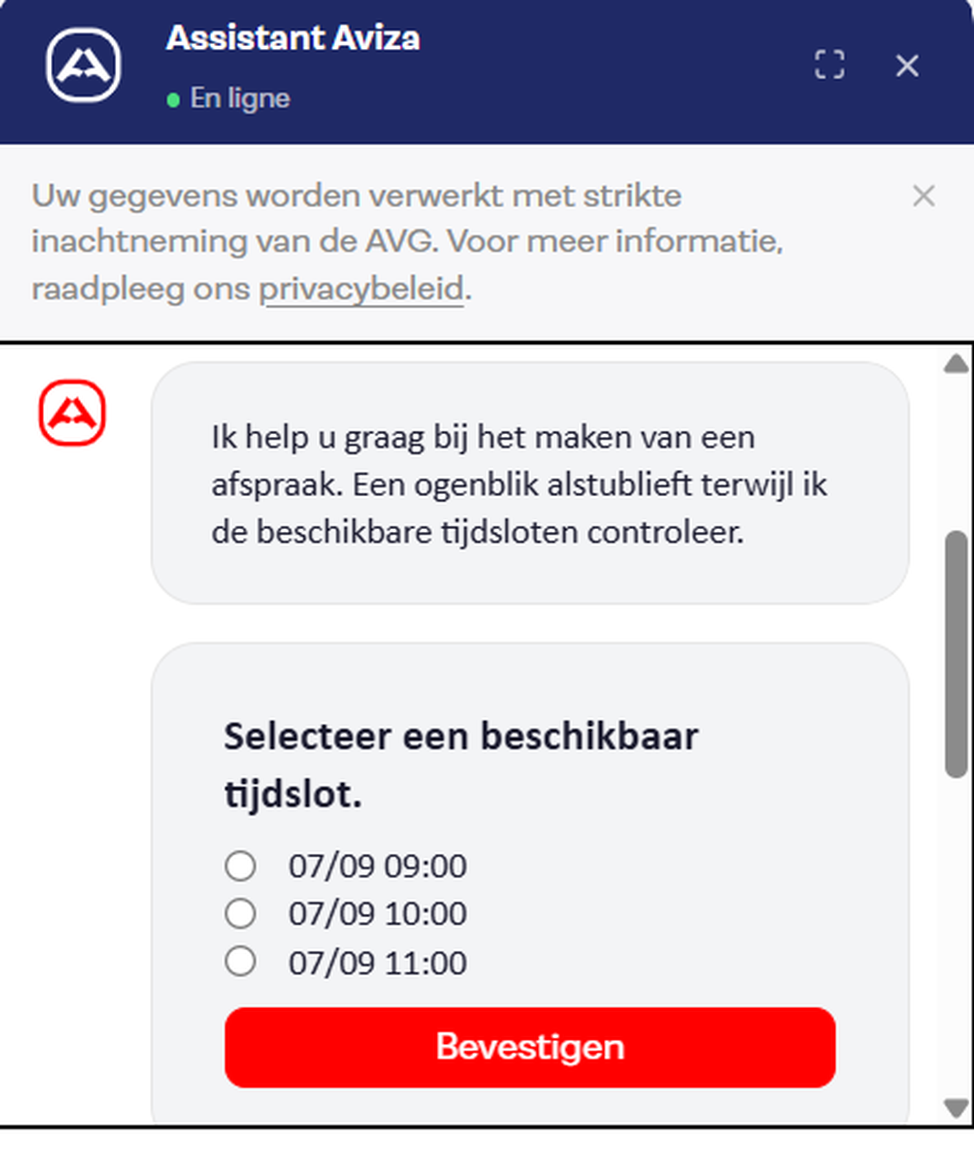 Screenshot of the evolved Aviza Copilot conversational booking flow showing real-time available time slots selected directly in chat